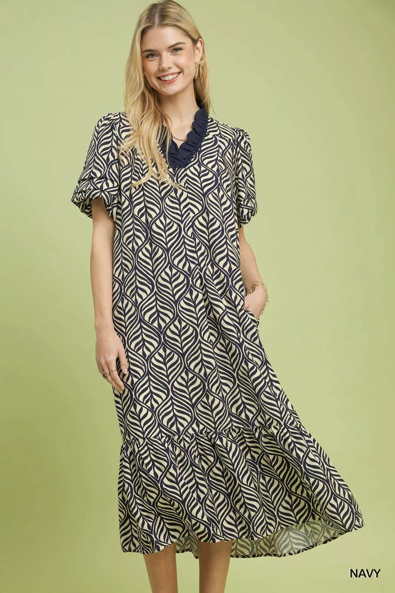 Umgee Leaf Print Ruffle Neck Midi Dress NAVY e8a69bc8-e362-442c-95dd-0403511dab99-Max-Origin