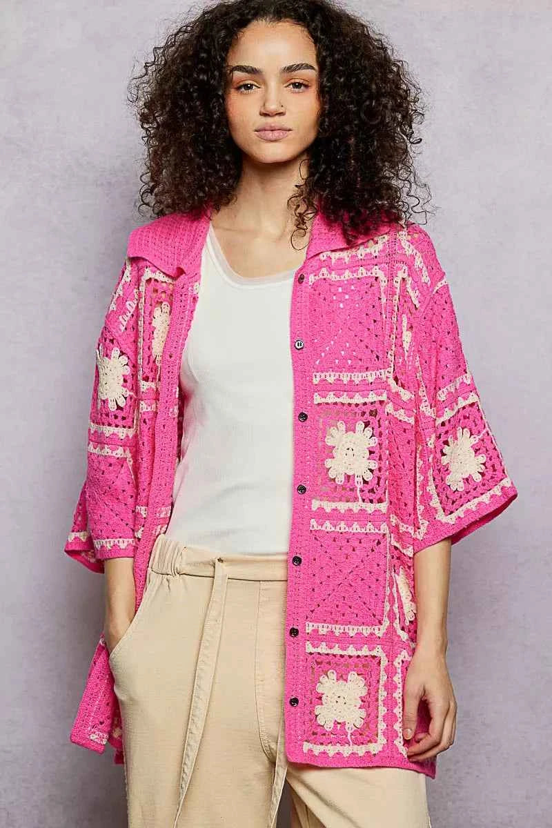 POL Button Down Openwork Floral Crochet Shirt with Granny Square Pattern PINK MULTI One Size e8adaa4f-fa68-434c-8434-7f203752e86c-Max-Origin