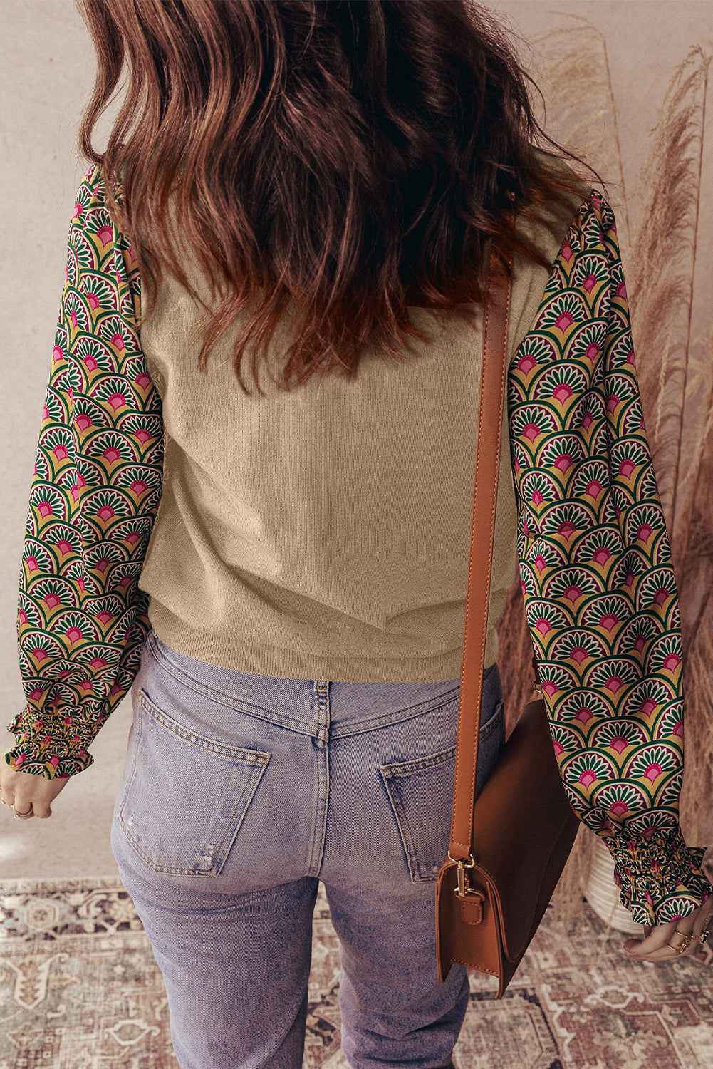 Apricot Floral Patchwork Shirred Cuff Puff Sleeve Sweater e8af387c994d7aa0