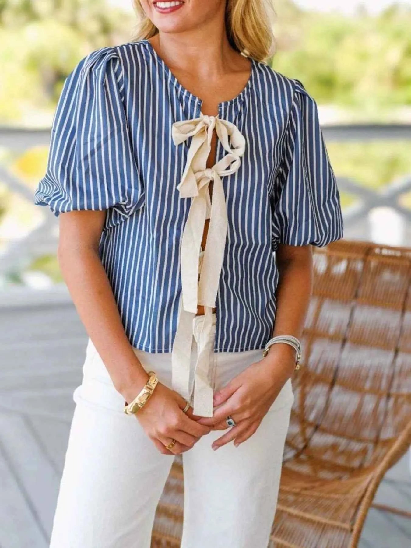 Tie Front Puff Sleeve Striped Blouse e8b27b36-c372-4c84-8291-30976619bfdd-Max-Origin