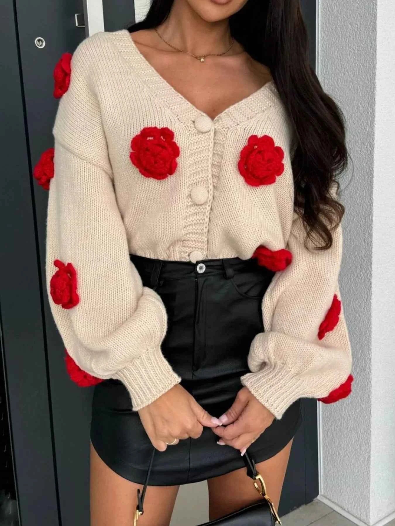 Rose Embellished V-Neck Cardigan e8b82485-9a4d-46c0-a28c-2df43169b069-Max-Origin