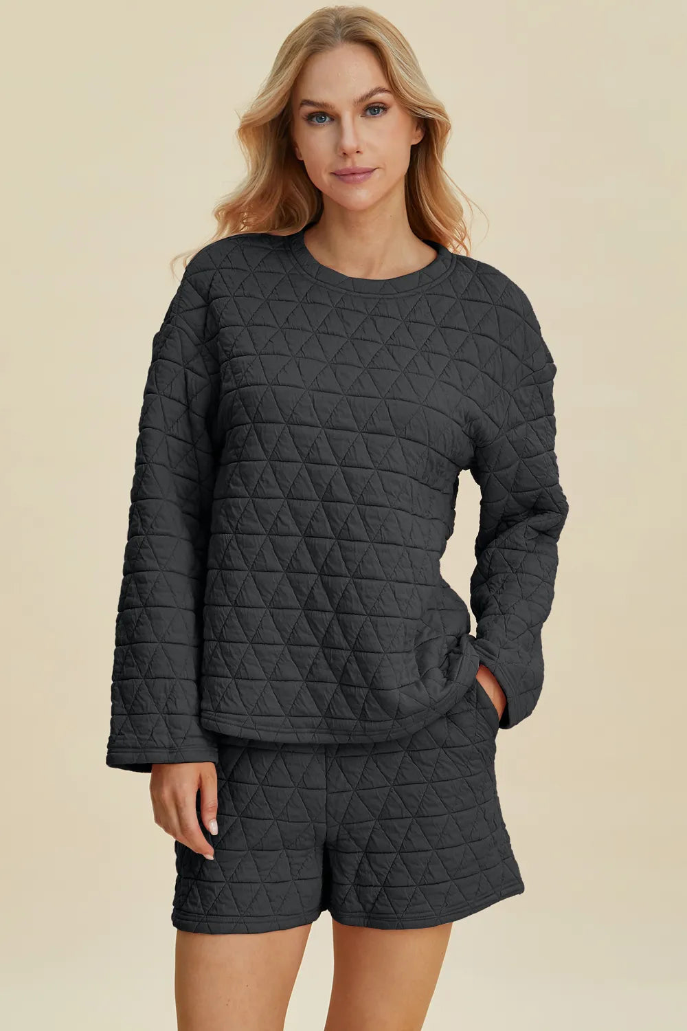 Double Take Full Size Texture Round Neck Long Sleeve Top and Shorts Set Black e8bf293b-b0d4-436b-9b1b-271d8aebb4a3-Max