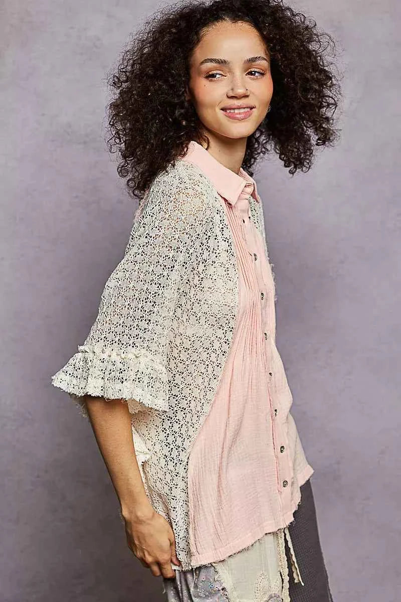 POL Button Down Front Pleated Shirt with Crochet Patch e8bf5733-e29b-4818-8d1e-f9585ec4237e-Max-Origin