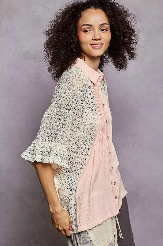 Button Down Front Pleated Shirt with Crochet Patch e8bf5733-e29b-4818-8d1e-f9585ec4237e-Max-Origin