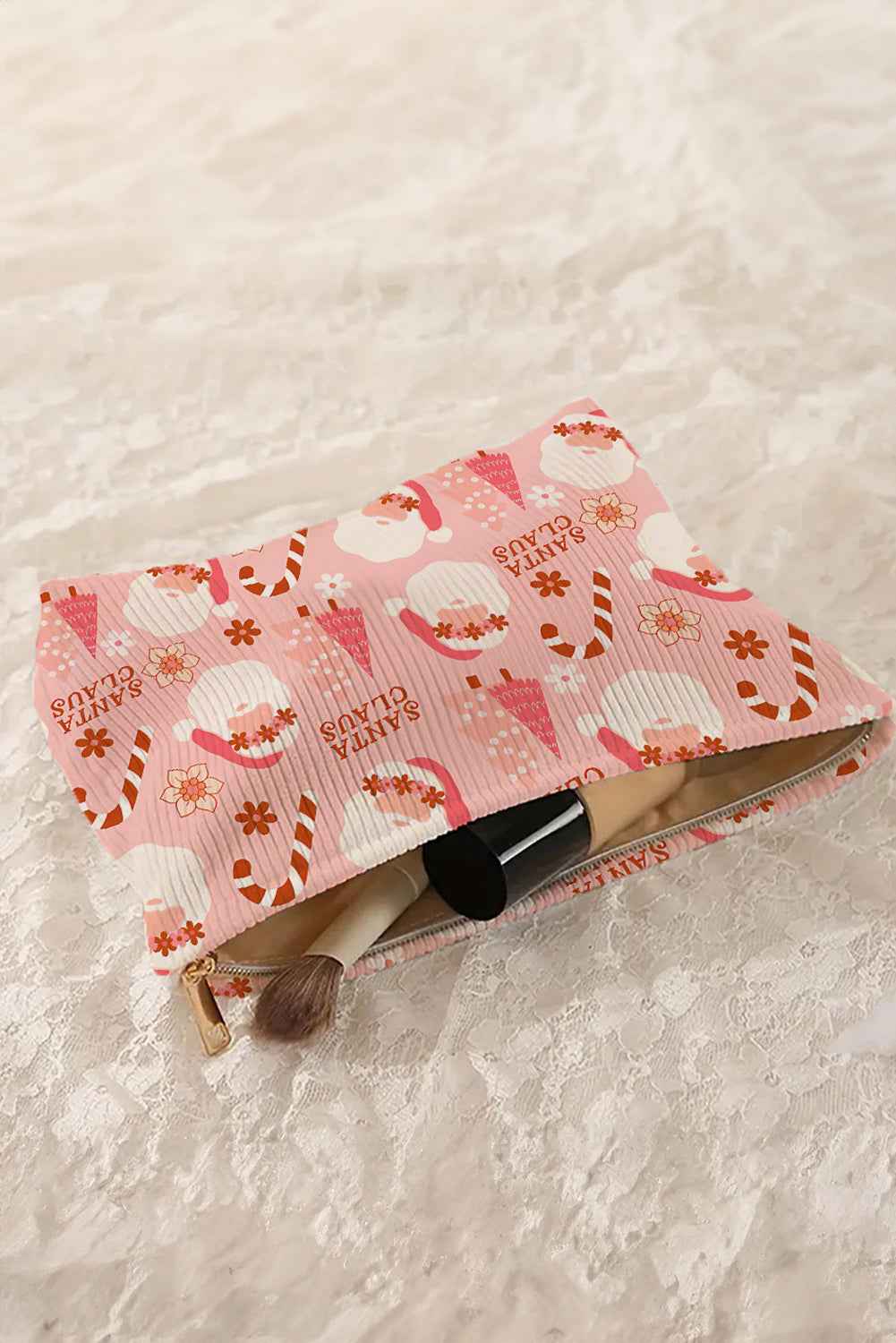 Pink Christmas Santa Claus Corduroy Zip Up Cosmetic Bag e8c201a503c4c61b