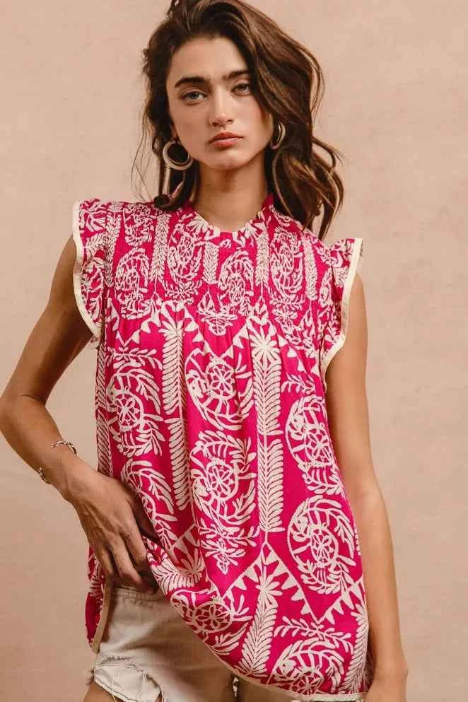 Printed Ruffle Sleeve Top e8c46e5487e640ef86cc947e9b7468a4-Max-Origin