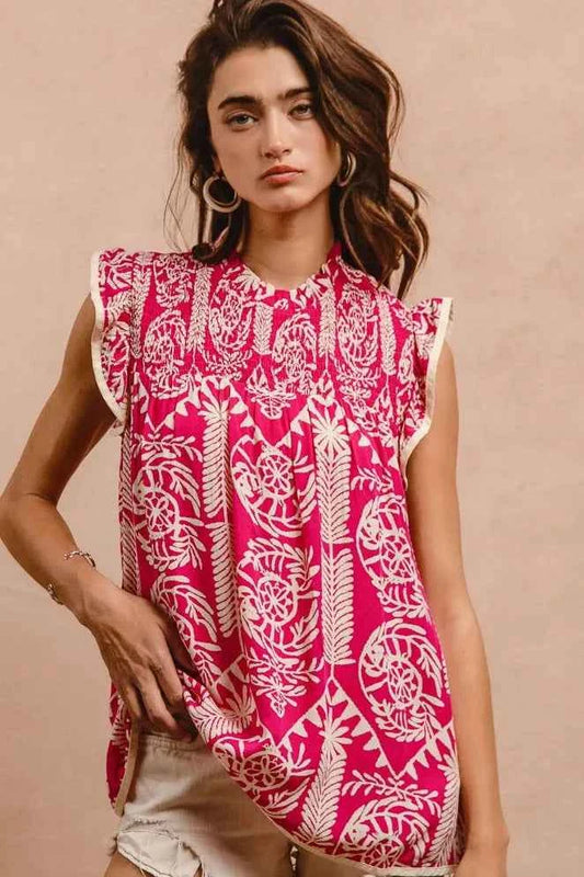 Printed Ruffle Sleeve Top e8c46e5487e640ef86cc947e9b7468a4-Max-Origin