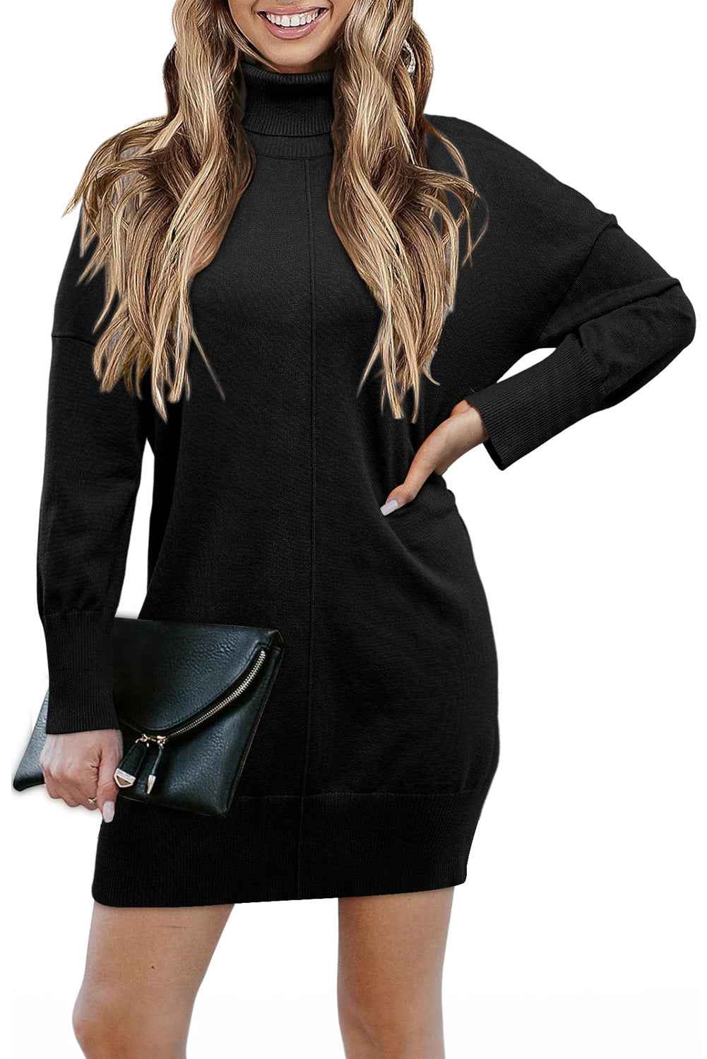 Black Solid Color Turtleneck Drop Shoulder Loose Sweater Dress e8c8c63b7d544084