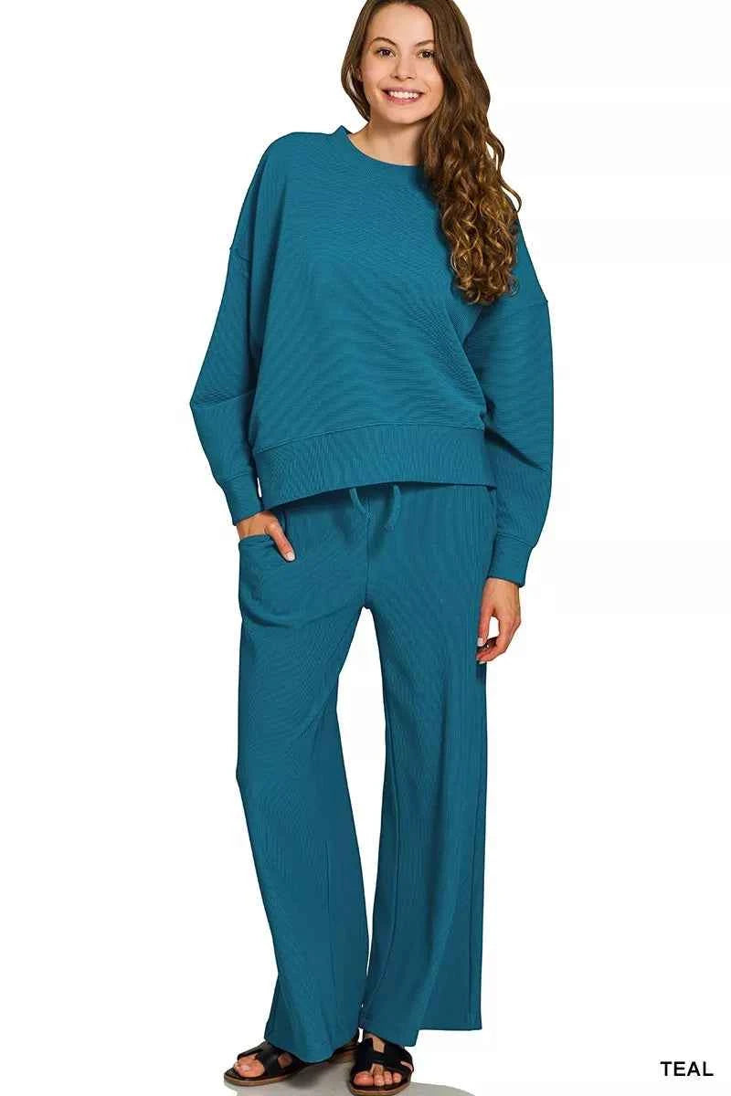 Zenana Ribbed Round Neck Pullover and Drawstring Pants Set TEAL e8ca9902ffa94143b4450ea3003a2830-Max-Origin