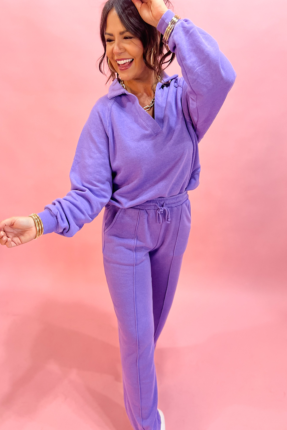 Wisteria Solid Color Collared Pullover and Central Seam Pants Set e8caf0db1d6cef89