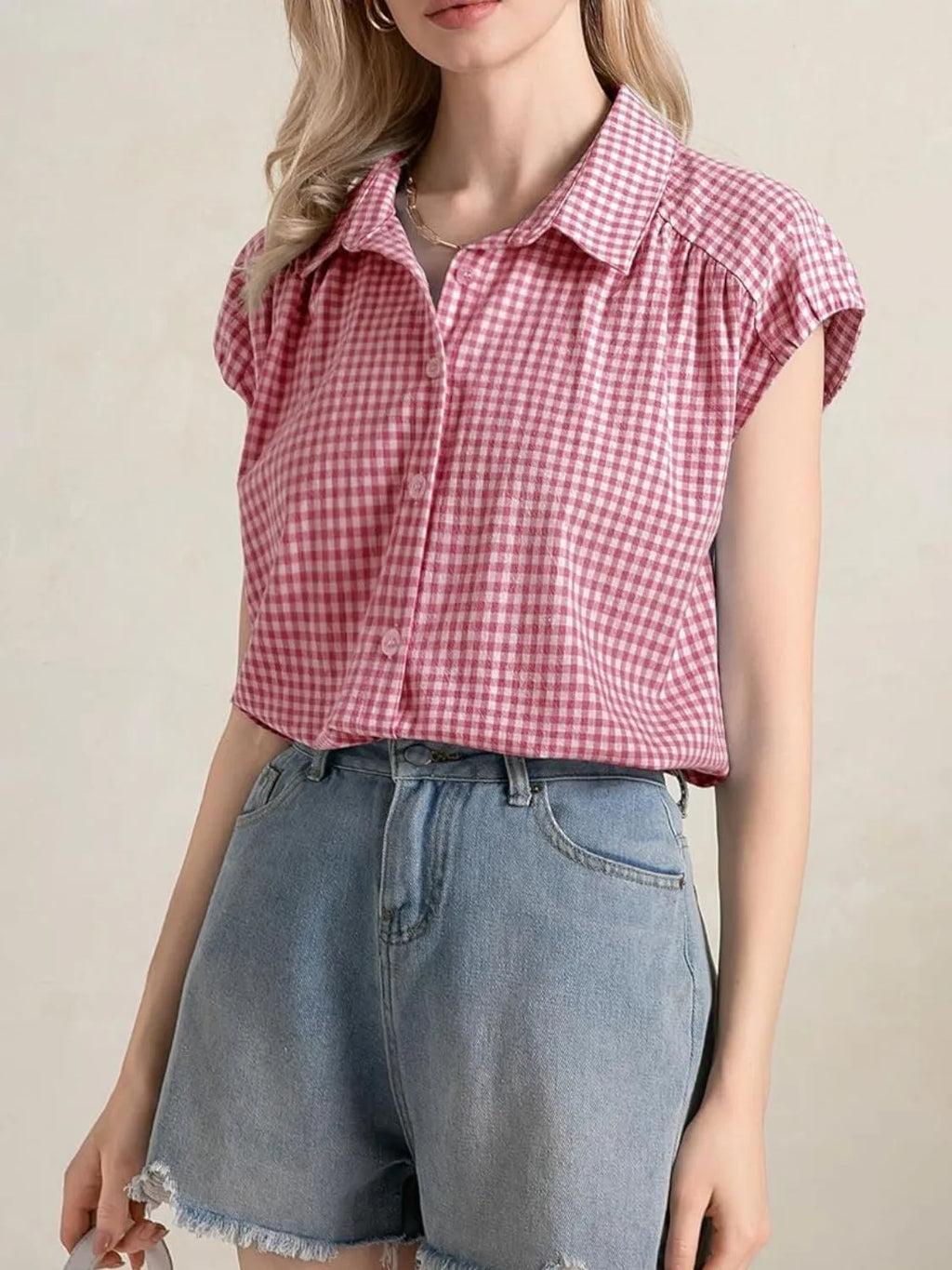 Plaid Button Up Cap Sleeve Shirt e8d32df2-36c8-4b10-a2d4-b6185270f6f7-Max-Origin