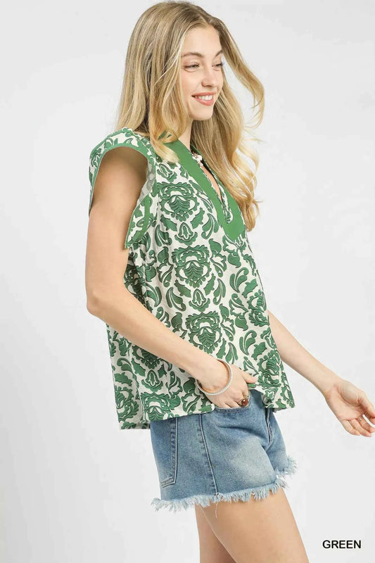Umgee Abstract Print Short Sleeve Blouse e8d7e378-db2b-4b88-8f50-7ed88c7a96f7-Max-Origin