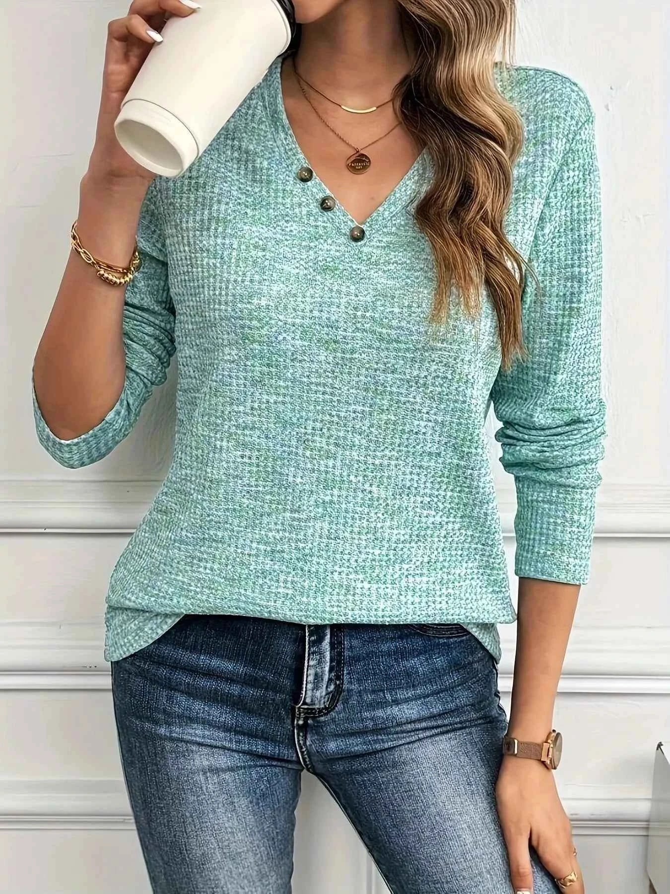 Decor Button V-Neck Long Sleeve Top e8de8384cf154248b717d0b3cb7d662f-Max-Origin