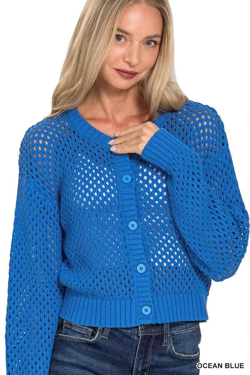 Zenana Button Down Lightweight Crochet Cardigan Sweater OCEAN BLUE e8e13f0e7471487588502284b74585e6-Max-Origin