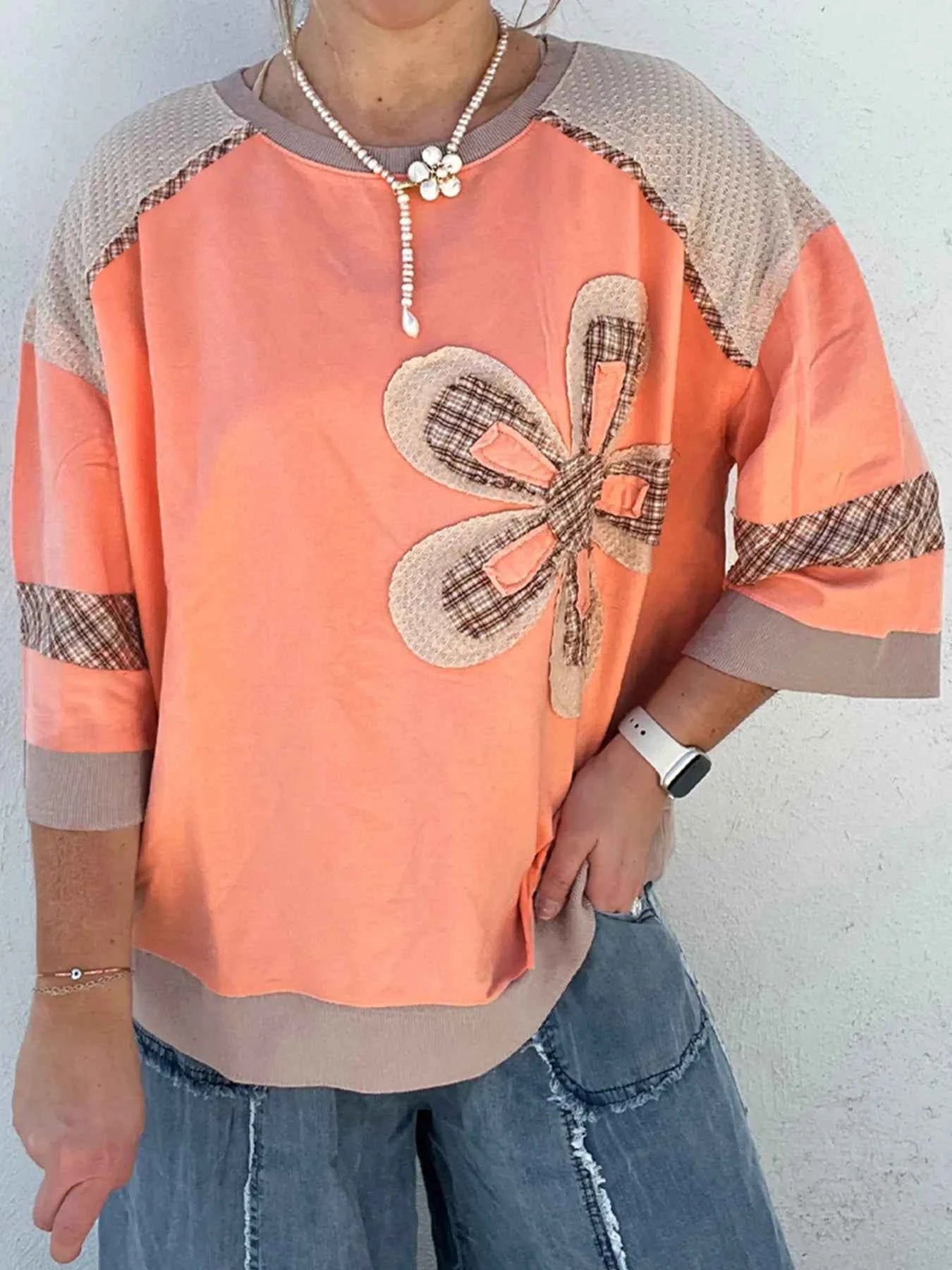 Plaid Waffle Flower Patchwork Contrast Top Sherbet e8e9065afc0d4423b1797ea19d526e14-Max-Origin