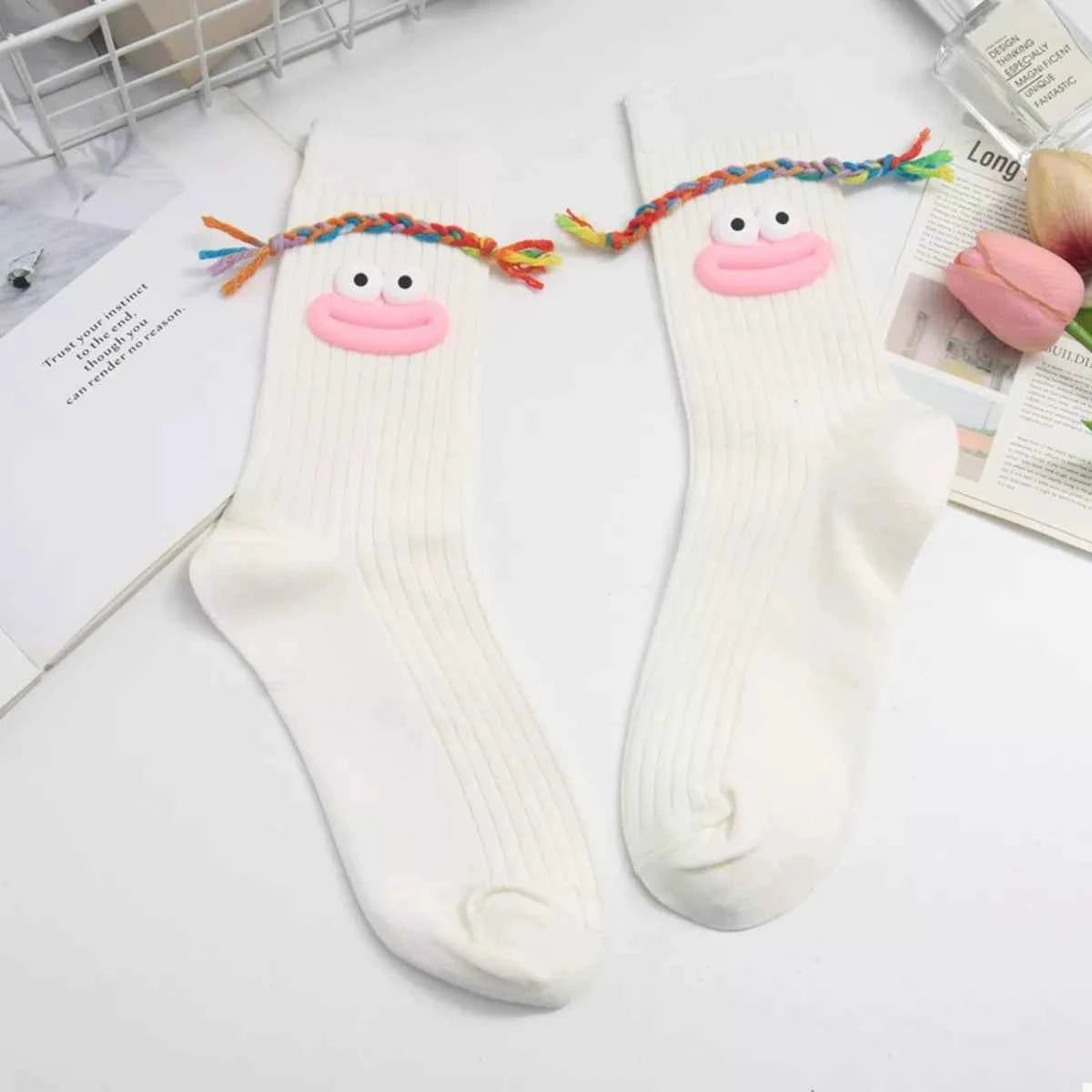 Cartoon Ribbed Knit Crew Socks White A One Size e8f0bf23-d990-43c0-a060-280d2f3b9d3b-Max-Origin