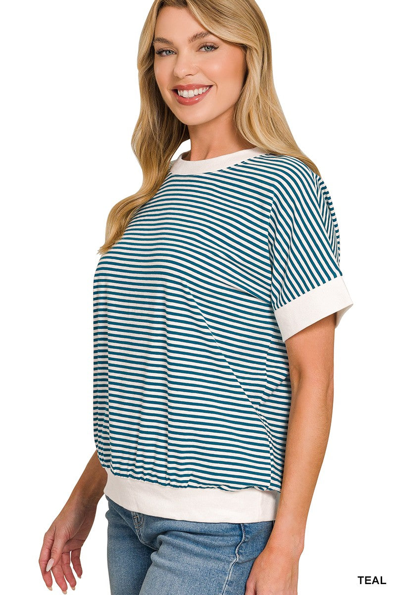 Zenana Stripe Contrast Trim Banded Bottom Top e8f2d786098943768d8ac28e8eb30593-Max