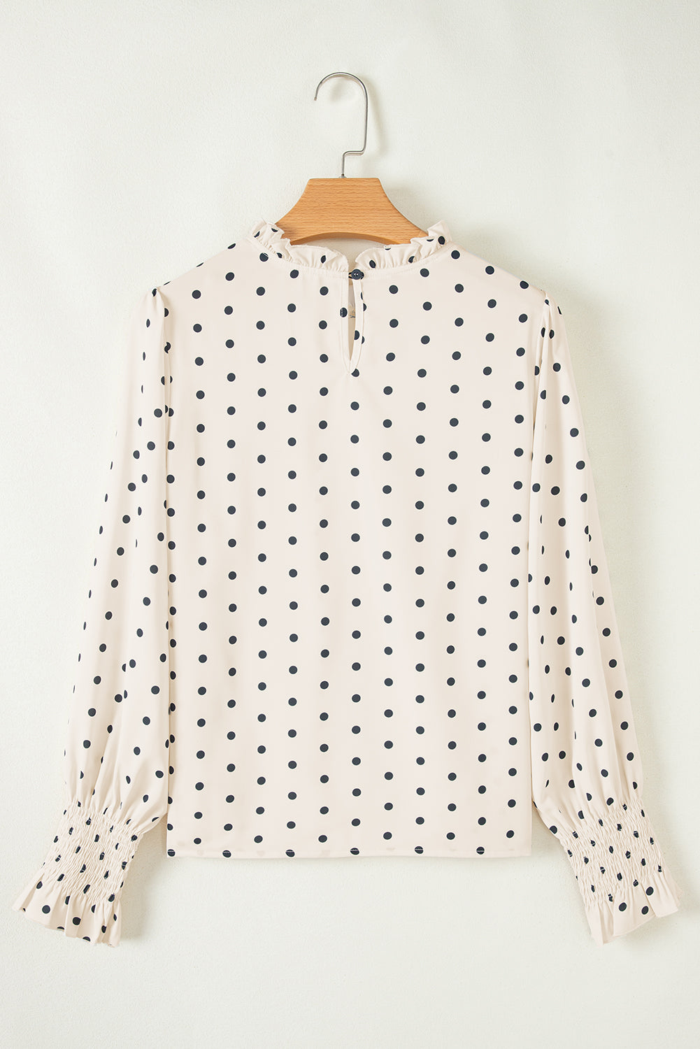 Apricot Polka Dot Print Frill Neck Smocked Lantern Sleeve Blouse e8f31adc3b39f414