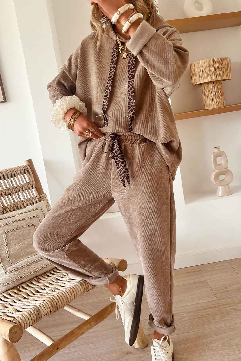Jet Stream Drawstring Pullover Hoodie and High Waist Pants Corduroy Suit Dark Khaki 42.5%Polyester+40%Viscose+16%Polyamide+1.5%Elastane e8f5f18f0a1bc6b9