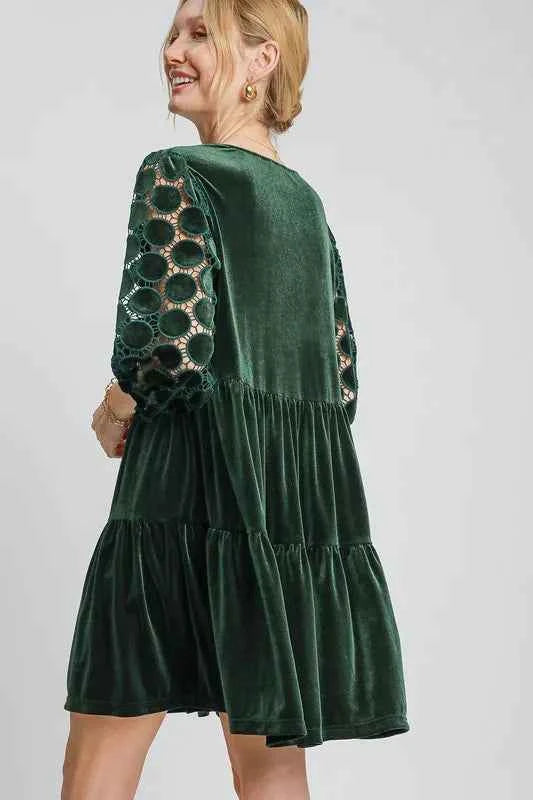 Umgee Dotted Lace Sleeve Tiered Velvet Mini Dress e8f6977a-321f-440d-877e-588b115d95a8-Max