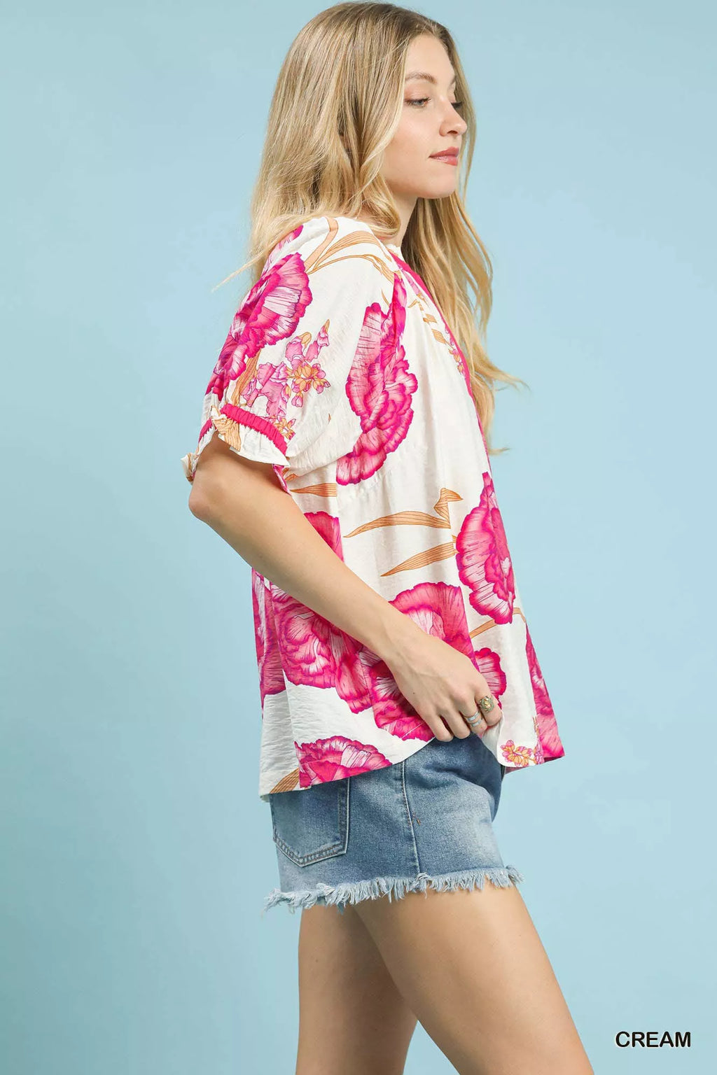 Umgee Floral V-Neck Puff Sleeve Blouse e8fbe354-9be1-4971-b3a5-bcf9d0a3c5ec-Max-Origin