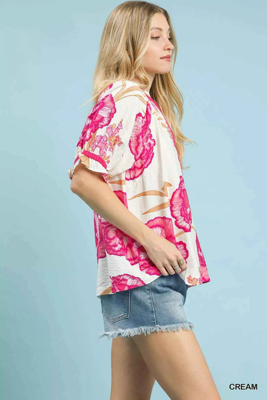 Umgee Floral V-Neck Puff Sleeve Blouse e8fbe354-9be1-4971-b3a5-bcf9d0a3c5ec-Max-Origin