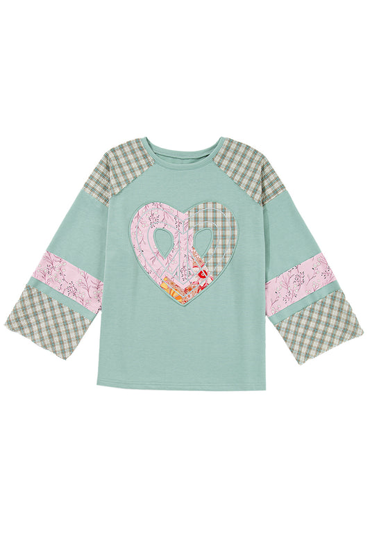 Aqua Plaid Floral Patchwork Heart Long Sleeve Top Clearly Aqua 85%Polyester+10%Cotton+5%Elastane e9021a2ebb2dd12d