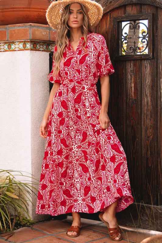Paisley Side Slit Puff Sleeve Maxi Dress Red e903f794-fc5f-416f-aa52-8e65f2dee219