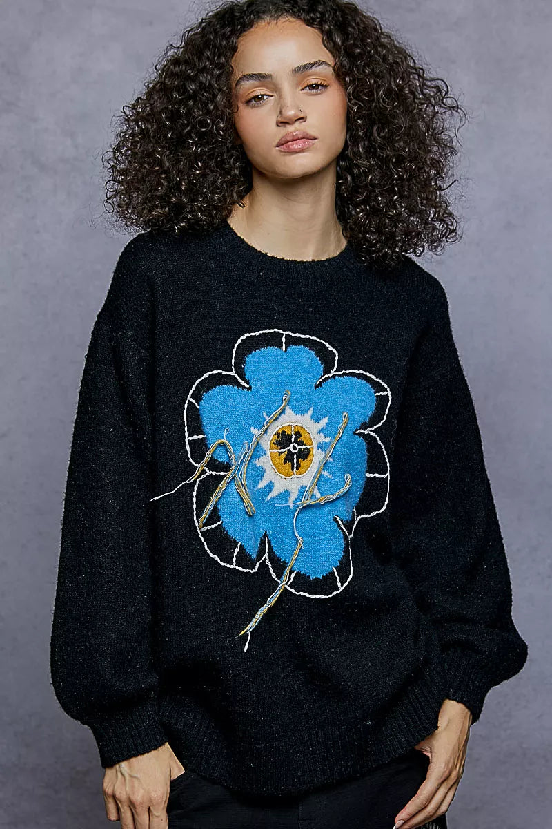 POL Floral Pattern Round Neck Sweater with Exposed Stitching e906d8ea-db77-4c0f-b287-12247a52922d-Max-Origin