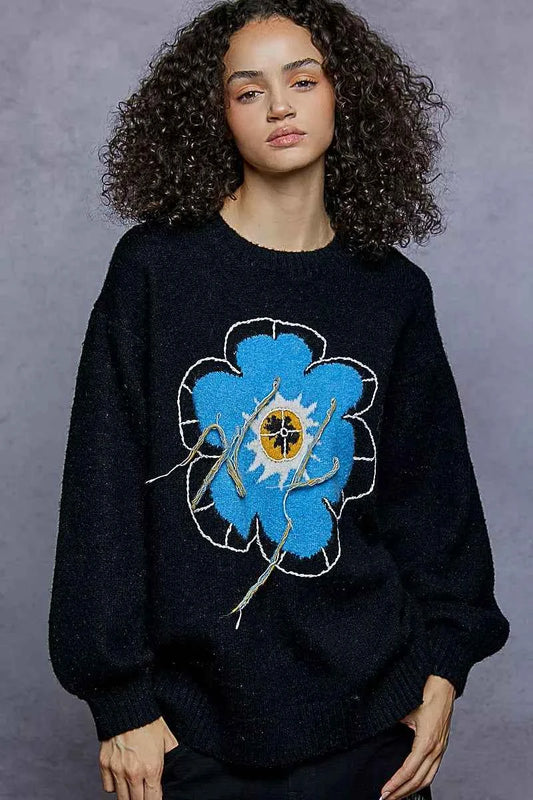 Floral Pattern Round Neck Sweater with Exposed Stitching e906d8ea-db77-4c0f-b287-12247a52922d-Max-Origin