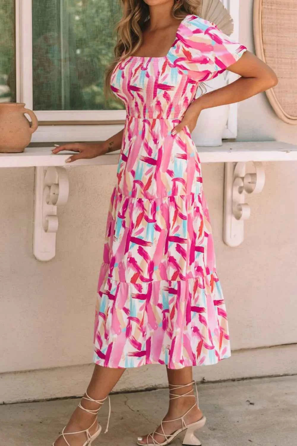 Geometric Print Puff Sleeve Square Neck Midi Dress e90ea404-c9d0-439c-9fa9-02acbb912d0c-Max-Origin