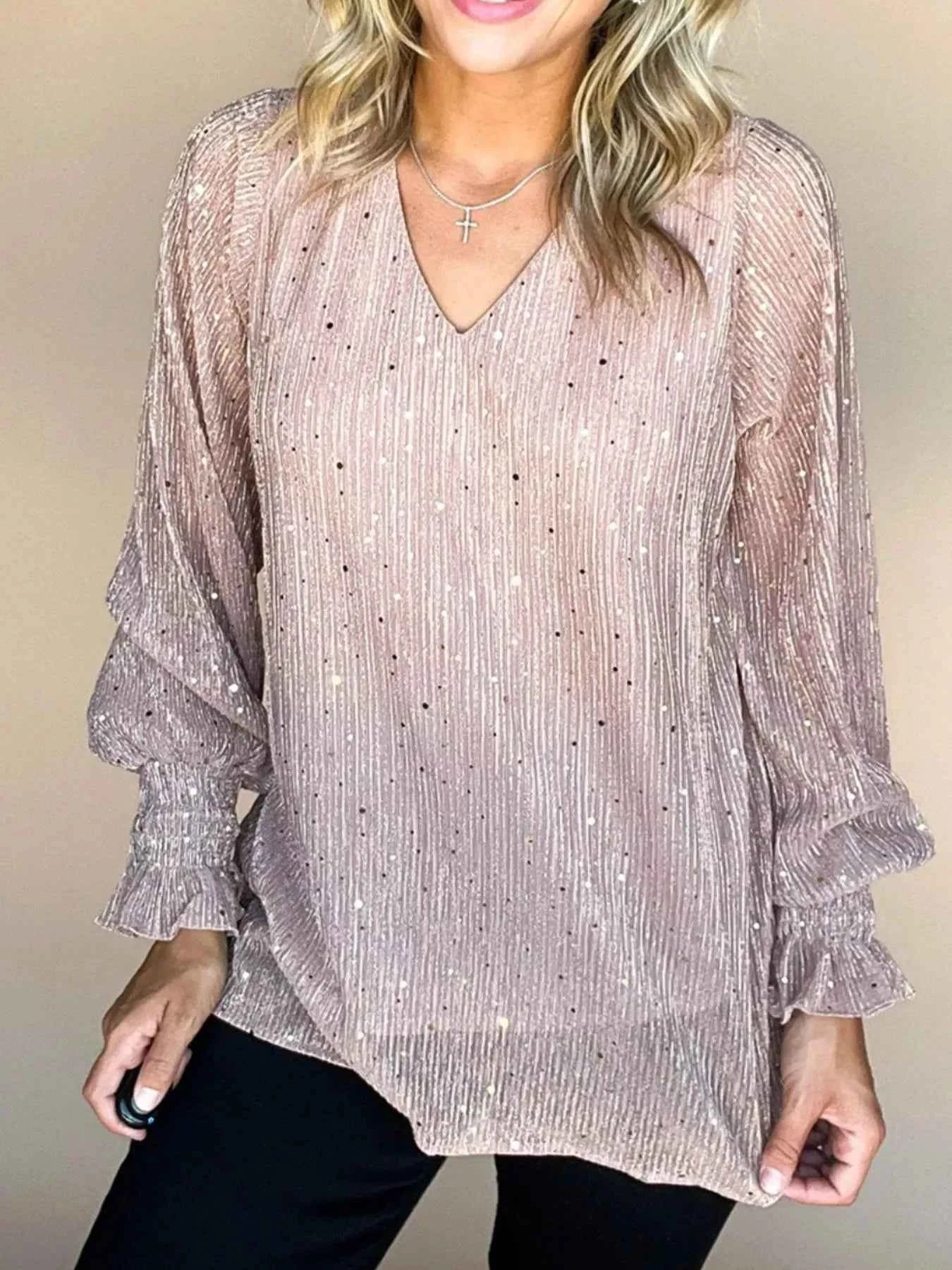 Sequin V-Neck Flounce Sleeve Blouse e90fca79-71fb-4b57-9efc-dd63825249b8-Max-Origin