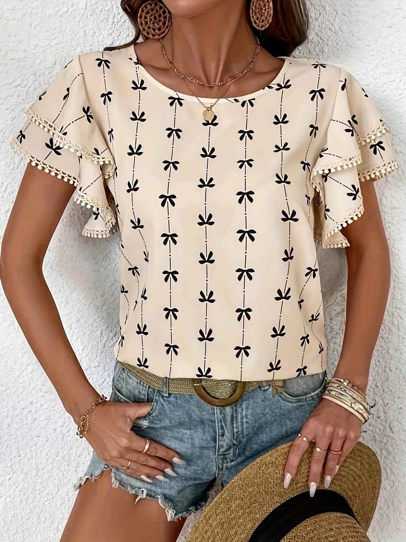 Bow Print Flutter Sleeve Blouse Apricot e91298343d8c40b0ac1550249f309b5c-Max-Origin