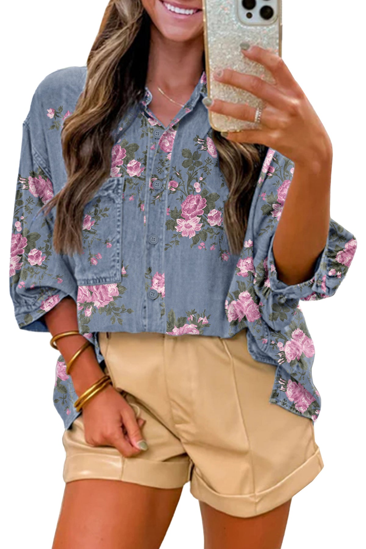 Blue Bracelet Sleeve Floral Denim Shirt e912b3e22c0b2cfb