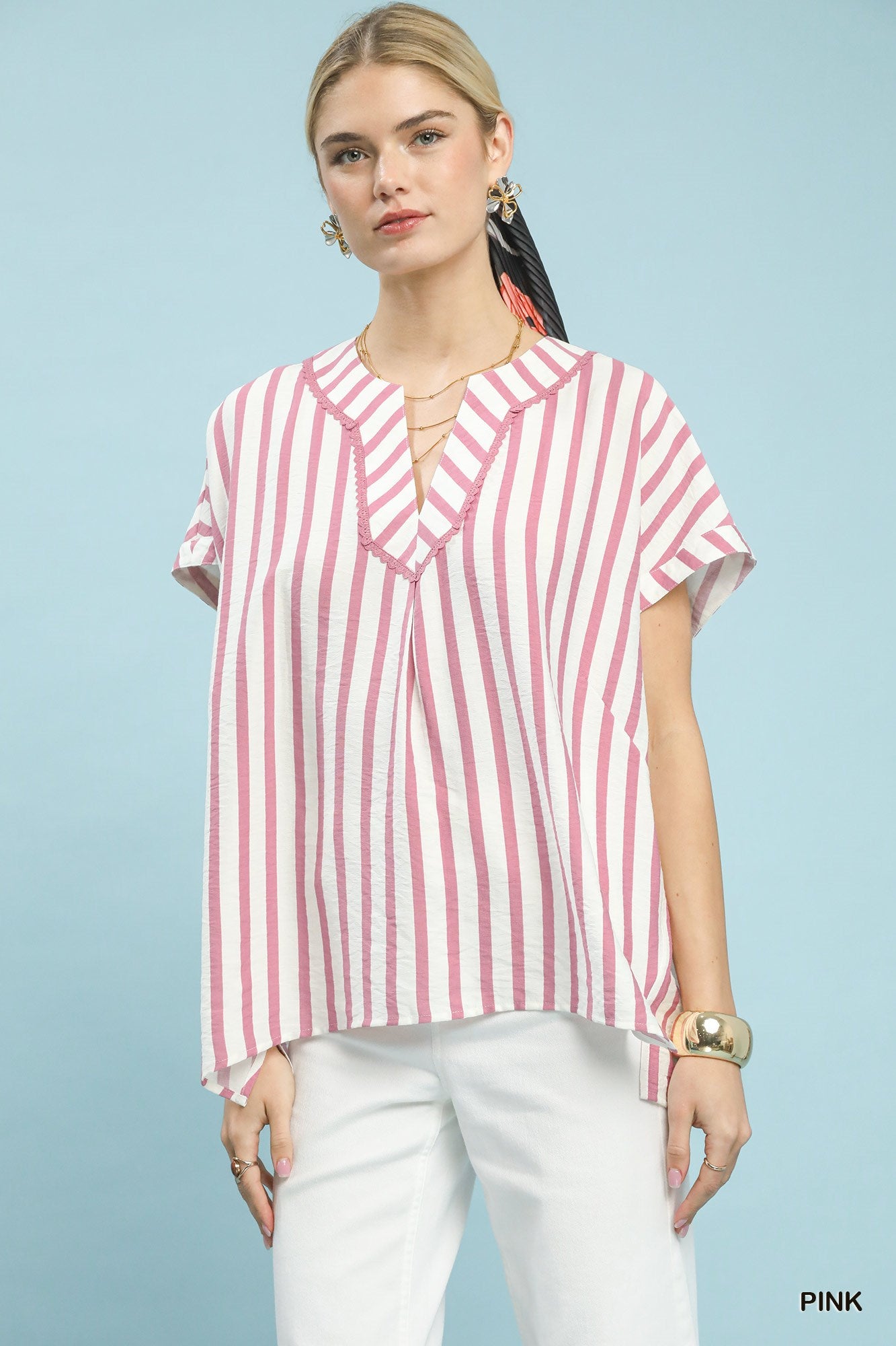 Umgee Mixed Stripe Split Neck Oversized Blouse PINK e913e5eb-993e-43d7-a19e-cef26bd36ca5-Max