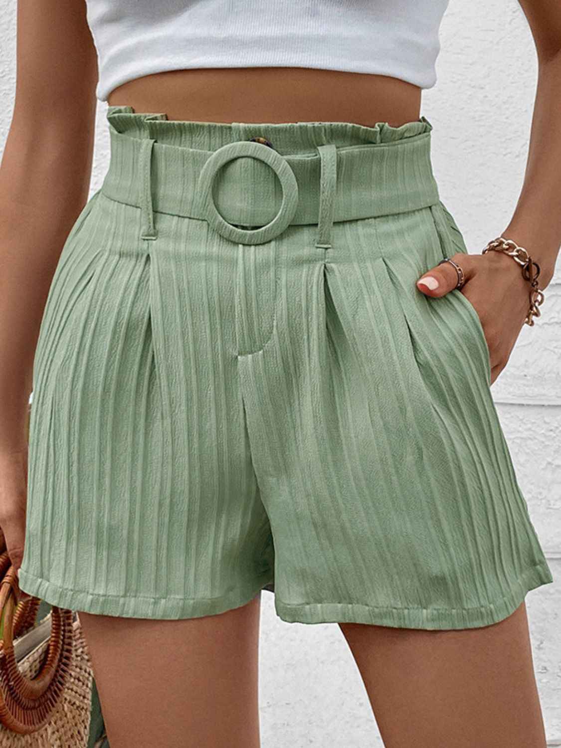 Perfee Belted Shorts with Pockets Light Green e914de950b154136b5141b1c45cfd7f1-Max