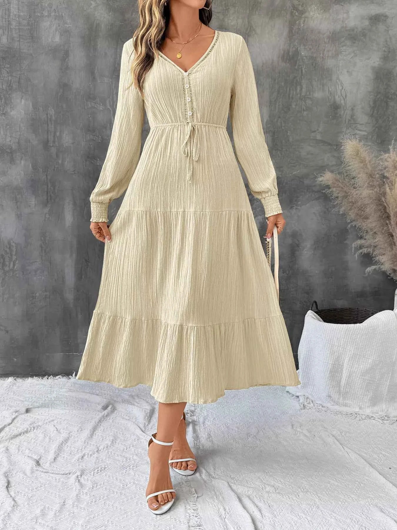 Tiered V-Neck Long Sleeve Dress e9156686efc740c59a18f63237a640ff-Max-Origin
