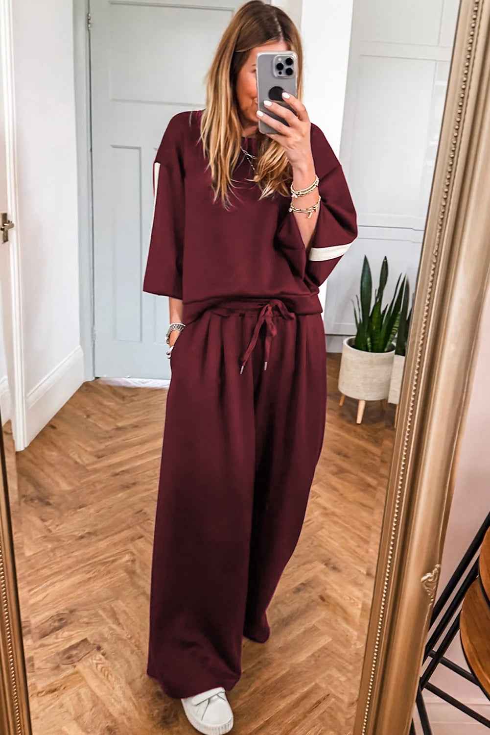 Burgundy Varsity Striped 3/4 Sleeve Pullover Drawstring Sweatpants Set e91964d5302c7cf1