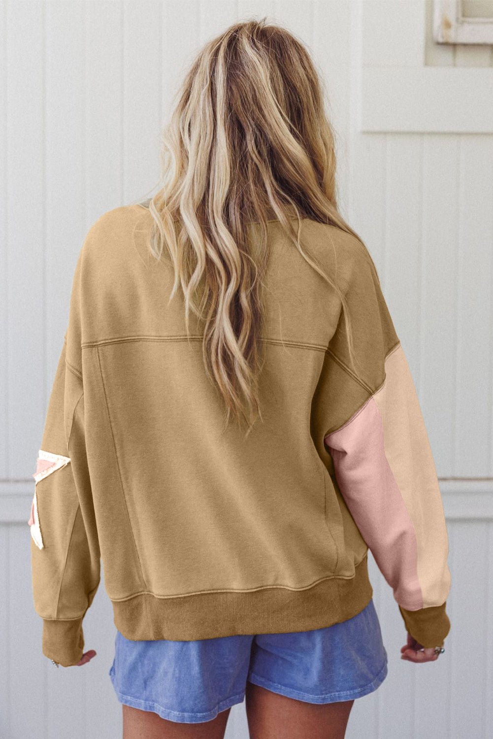 Rose Pink Star Patchwork Exposed Seam Uneven Hem Sweatshirt e91aa61f418b14df