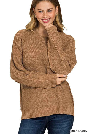 Exposed Seam Round Neck Sweater DEEP CAMEL e91d3721aea14640a087a8a50bcd00cb-Max-Origin