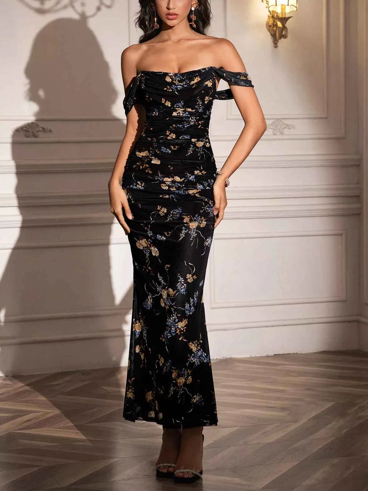 Off-Shoulder Ruched Floral Mermaid Dress e91d4cf0-a5ad-45ba-9f31-394228eb4be3-Max-Origin