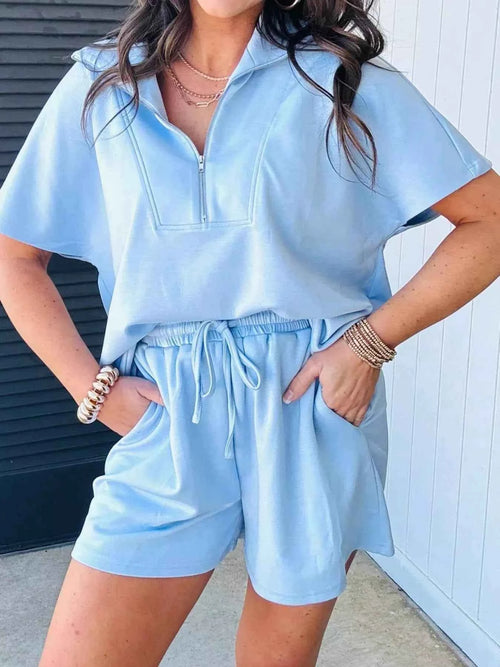 Solid Color Half Zip Loose Short Sleeve Sweatshirt 2pcs Set Light Blue e91fc0b8-ef9f-401d-b9e0-d4d8cbb9a908-Max-Origin