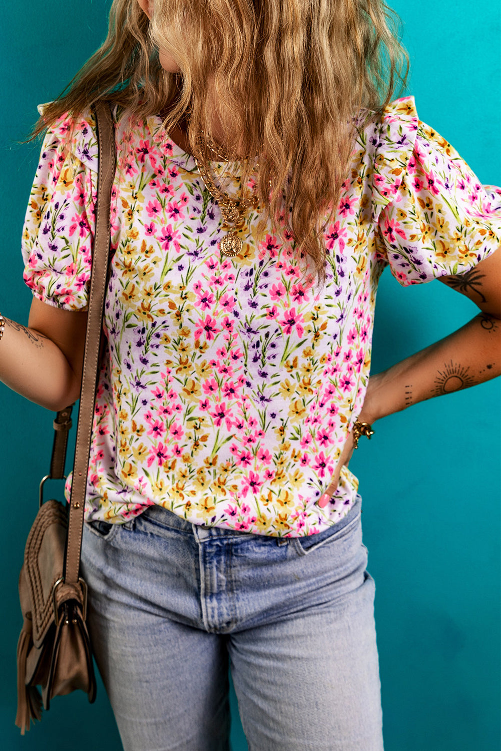 Pink Floral Puff Short Sleeve Crewneck Blouse e920945214627a6d