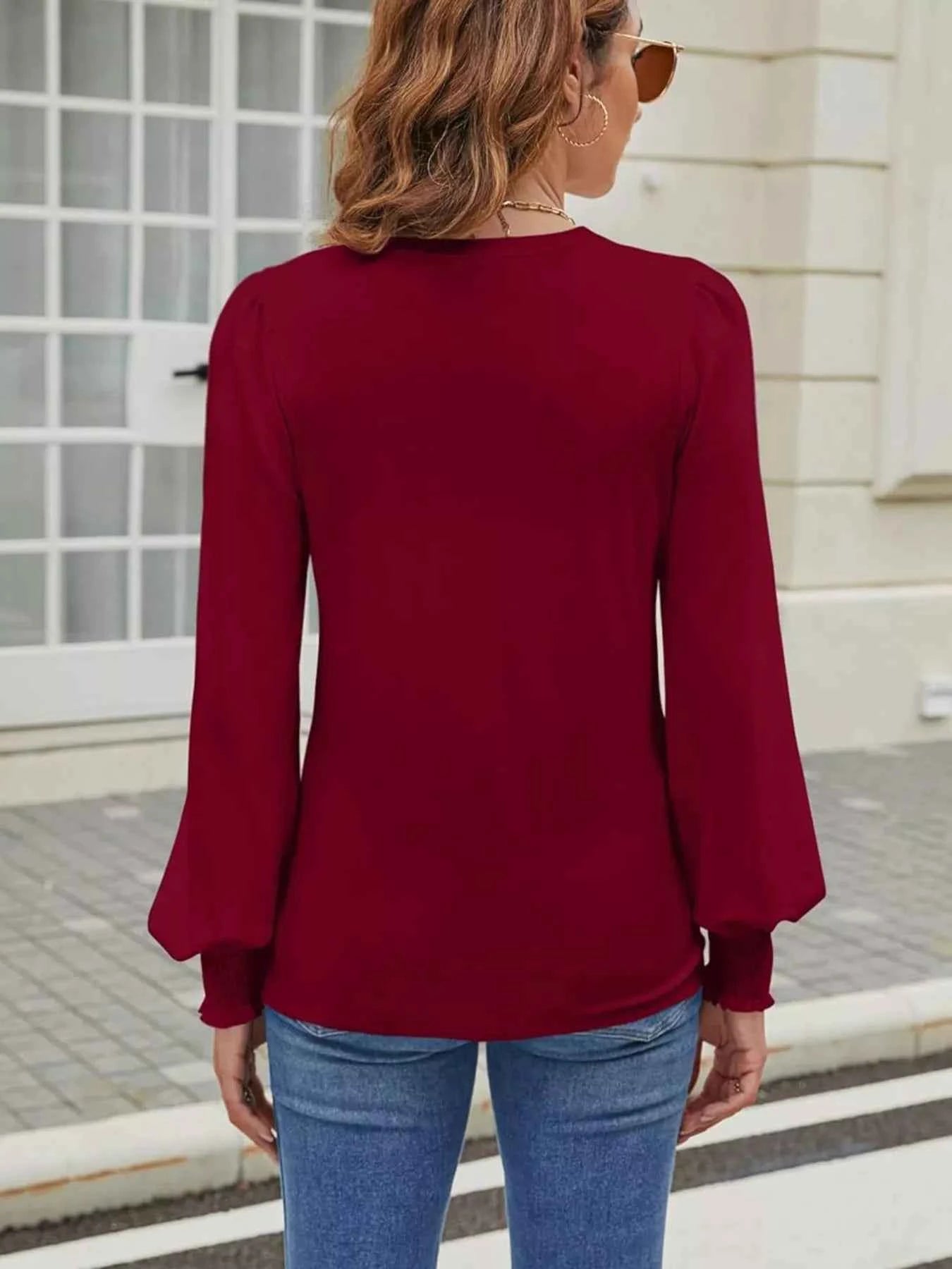 Long Sleeve Keyhole Neck Blouse e9225b9666f5476cb2cd60b968d1b2c9-Max-Origin