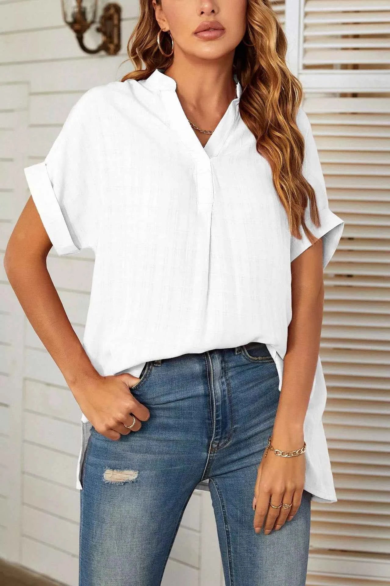 Notched Short Sleeve Blouse White e922ccba-dfe9-453f-89c9-7ea4468099d1-Max-Origin