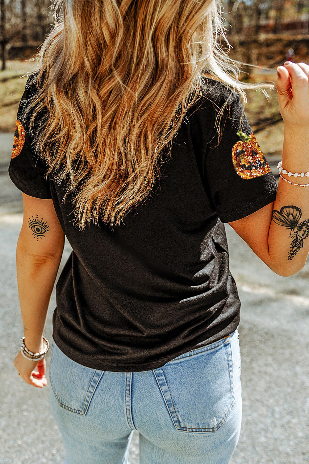 Black Halloween Sequin Pumpkin Face Graphic T Shirt e924c0b5c55977a0