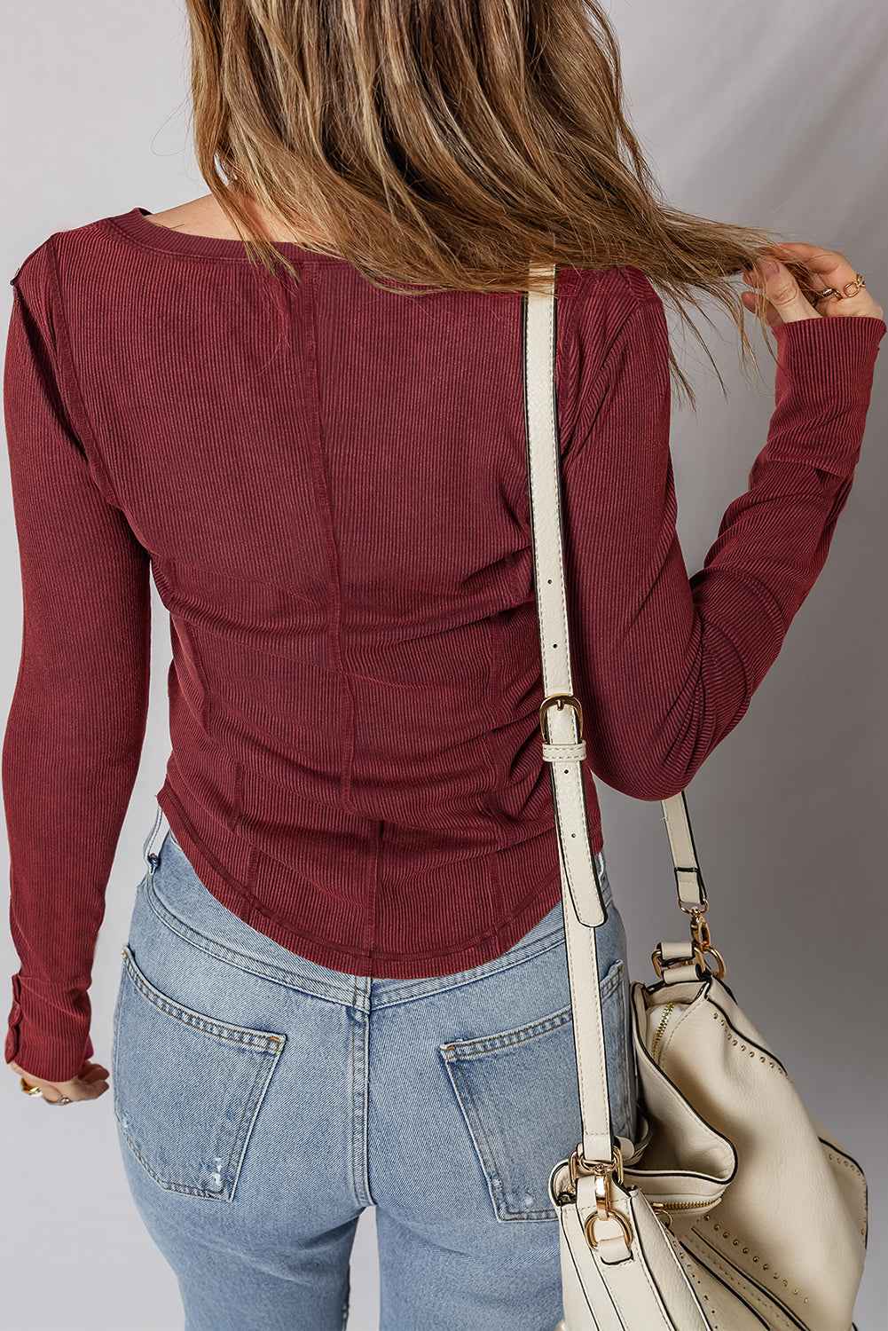 Burgundy Exposed Seam Ribbed Long Sleeve Top e92592921aa7a2ac