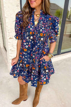 Blue Wild Daisy Floral Split Neck Short Puff Sleeve Mini Dress Blue 55%Cotton+45%Viscose e92c8904f2e6dced