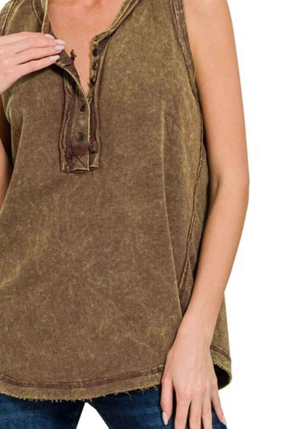 Washed Half-Button Raw Edge Sleeveless Henley Top e930e246-ef41-4b25-b938-2350064d9228-Max-Origin
