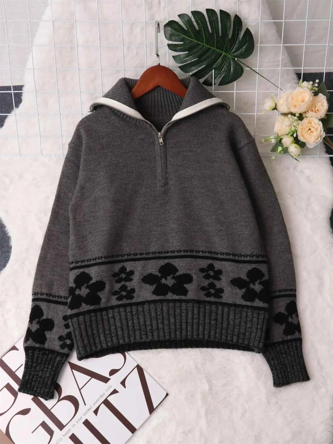Flower Zip Collar Long Sleeve Sweater e9326532dca946a4864b02bb70e17e91-Max-Origin